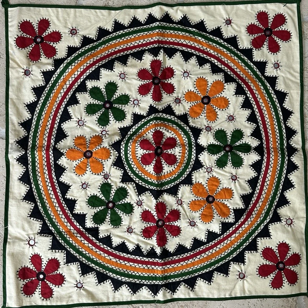 Uzbek Suzani Embroidered Wall Hanging Tapestry 23x23 Inch‎ Medallion Crystals